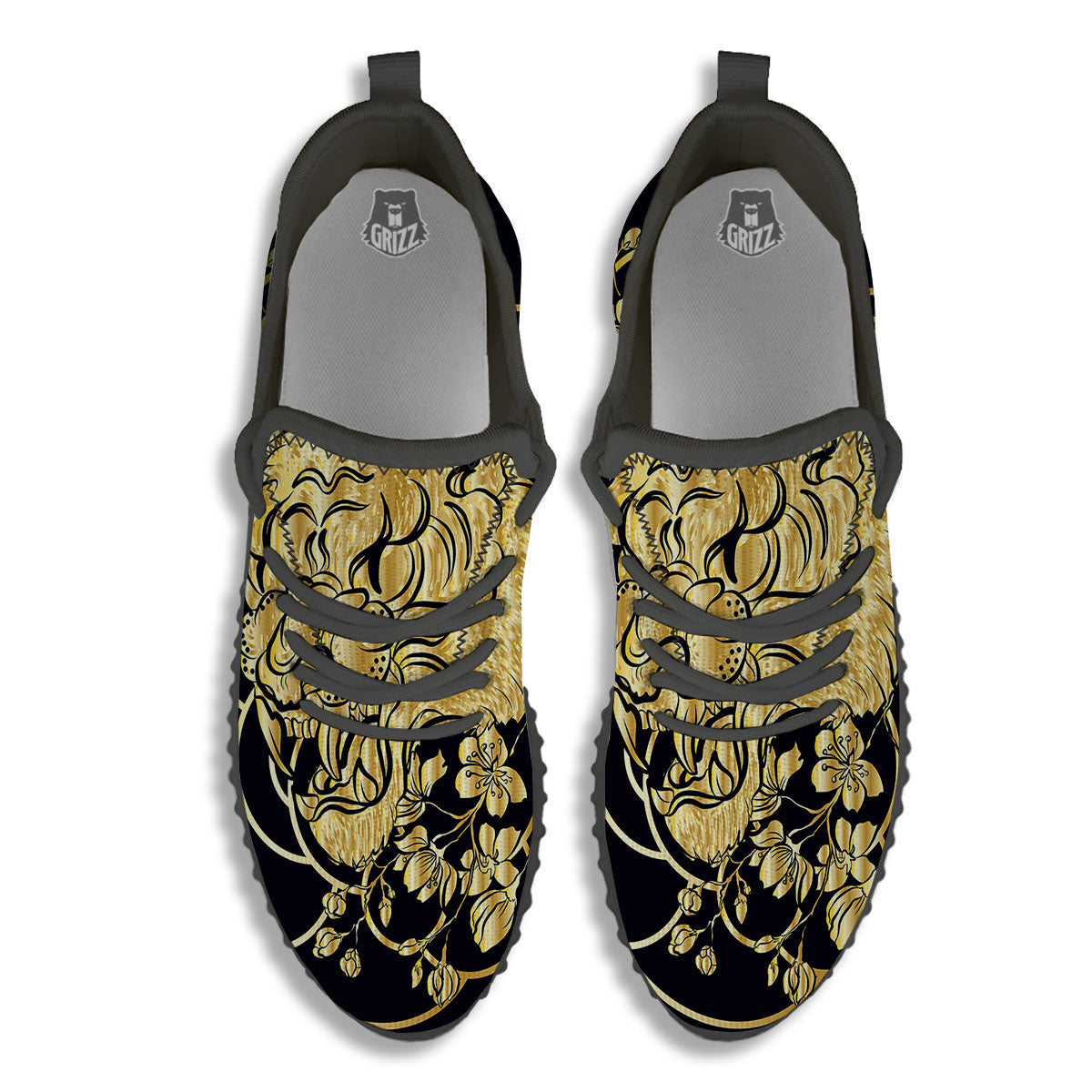 Japanese Tiger Gold And Black Print Black Walking Shoes-grizzshop