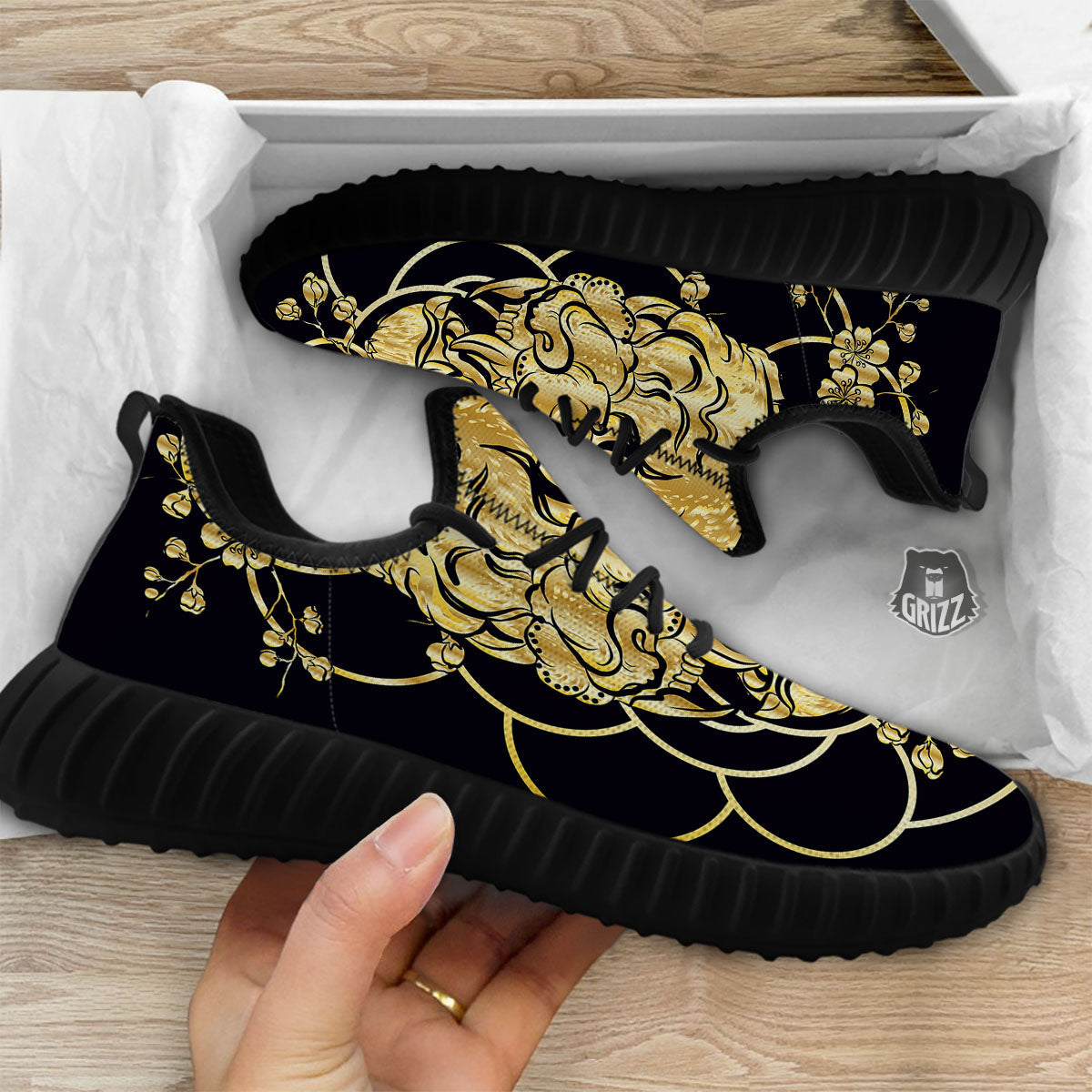 Japanese Tiger Gold And Black Print Black Walking Shoes-grizzshop