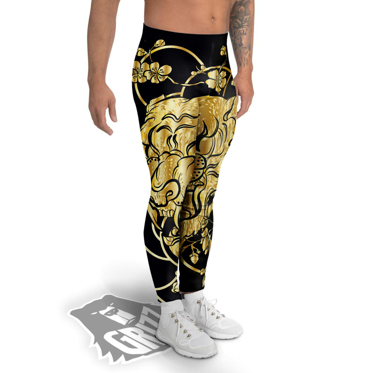 Japanese Tiger Gold And Black Print Men's Leggings-grizzshop