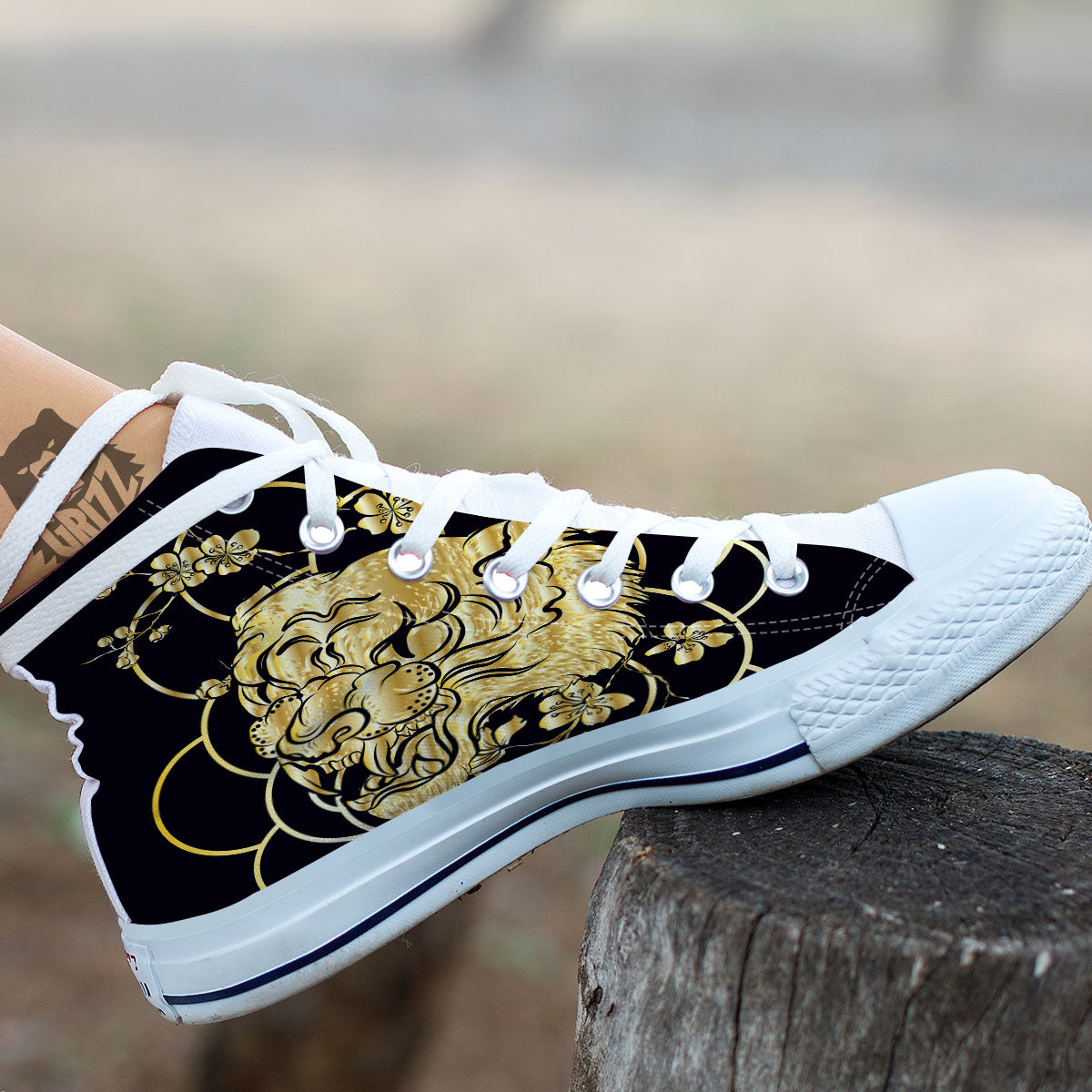 Japanese Tiger Gold And Black Print White High Top Shoes-grizzshop