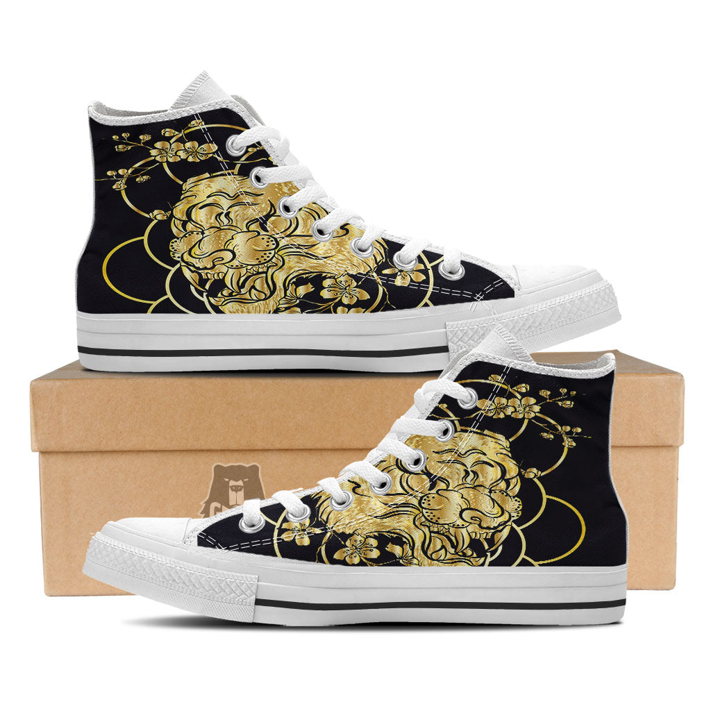 Japanese Tiger Gold And Black Print White High Top Shoes-grizzshop