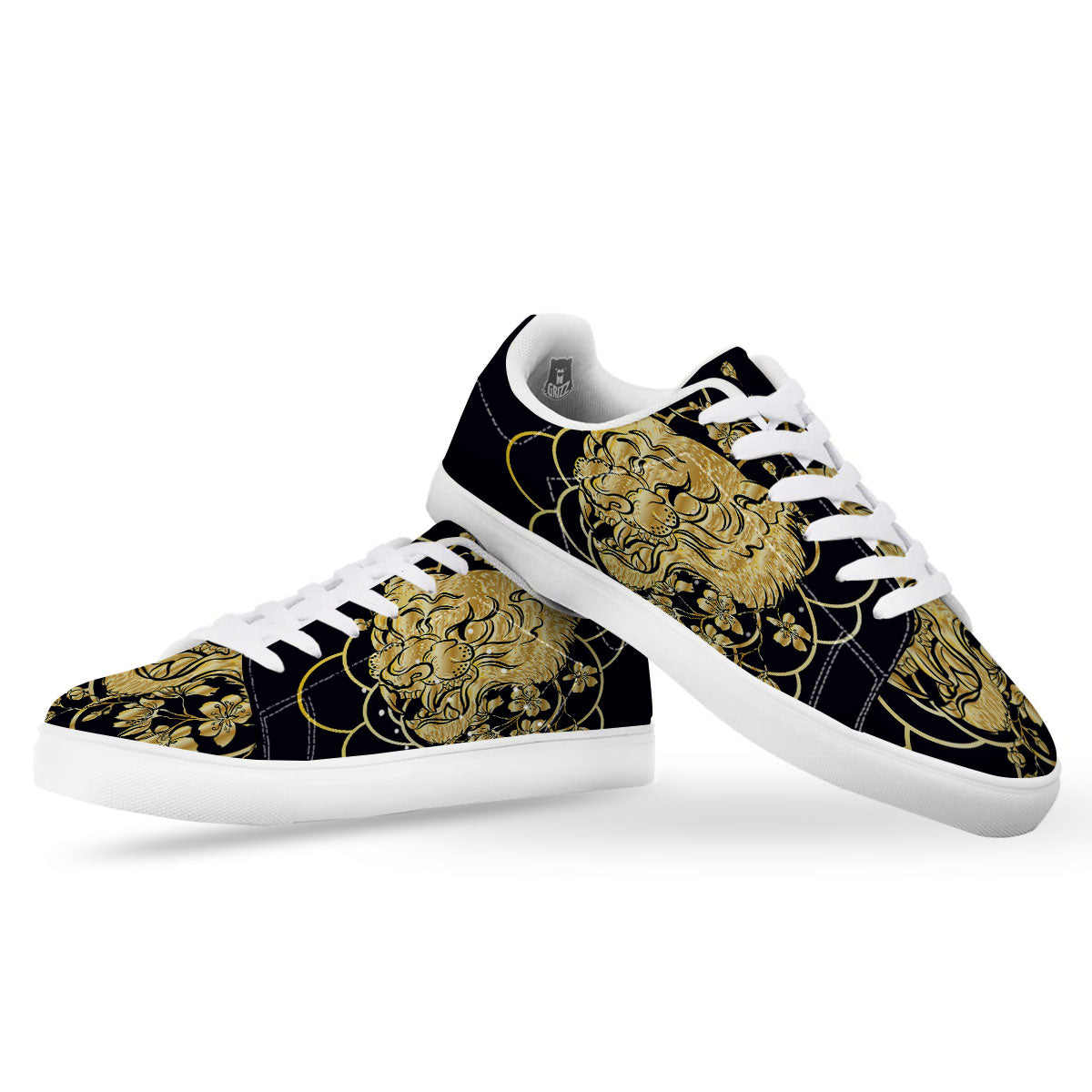 Japanese Tiger Gold And Black Print White Low Top Sneakers-grizzshop
