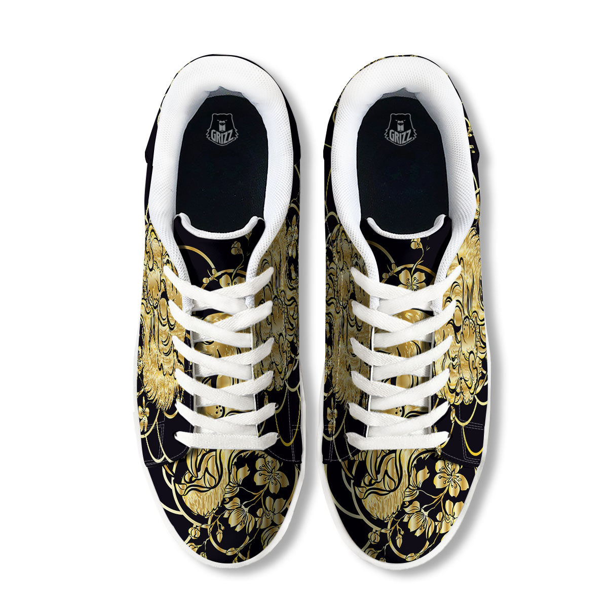 Japanese Tiger Gold And Black Print White Low Top Sneakers-grizzshop