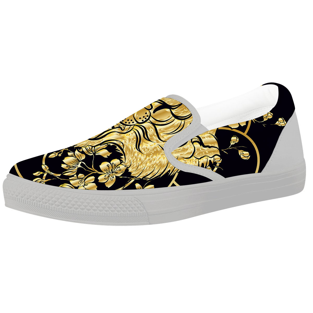 Japanese Tiger Gold And Black Print White Slip On Shoes-grizzshop