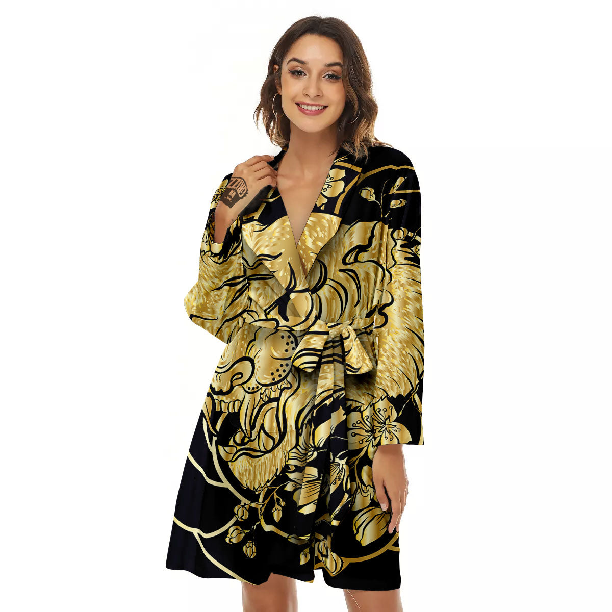 Japanese Tiger Gold And Black Print Women's Robe-grizzshop
