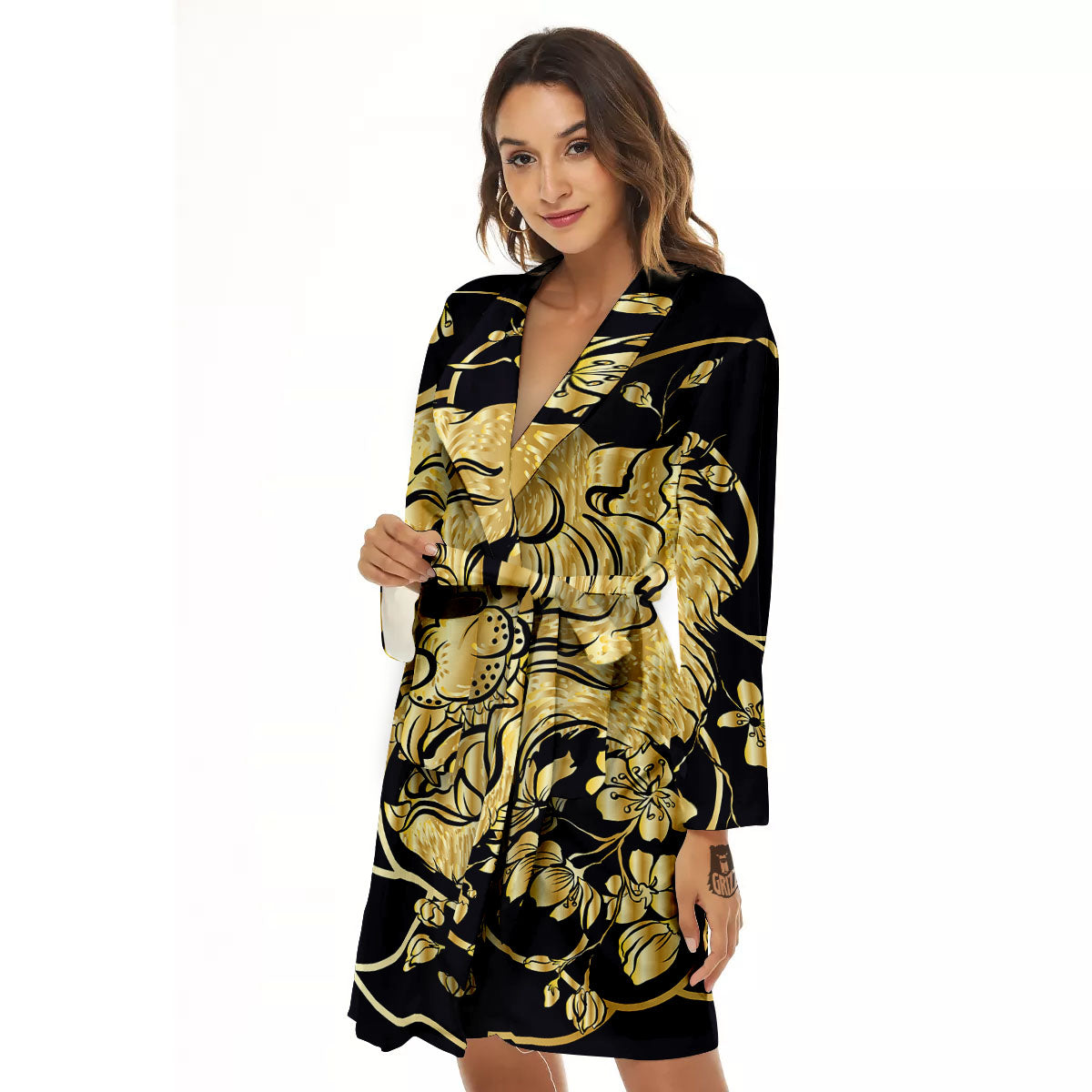 Japanese Tiger Gold And Black Print Women's Robe-grizzshop
