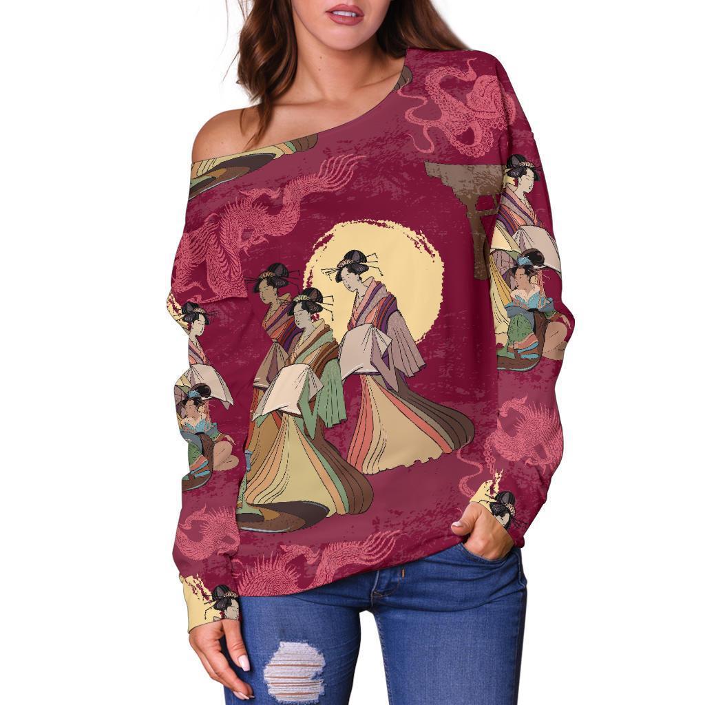 Japanese Tokyo Pattern Print Women Off Shoulder Sweatshirt-grizzshop