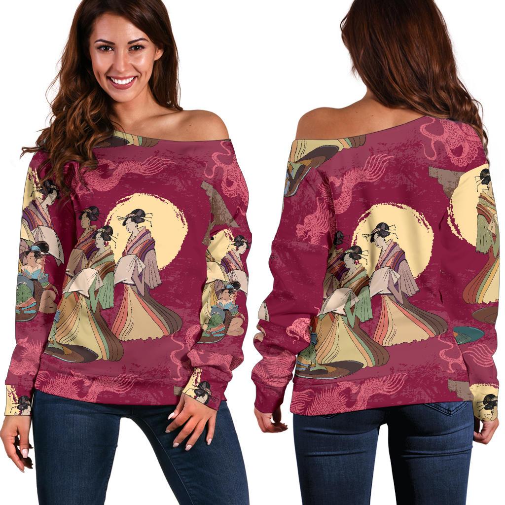 Japanese Tokyo Pattern Print Women Off Shoulder Sweatshirt-grizzshop