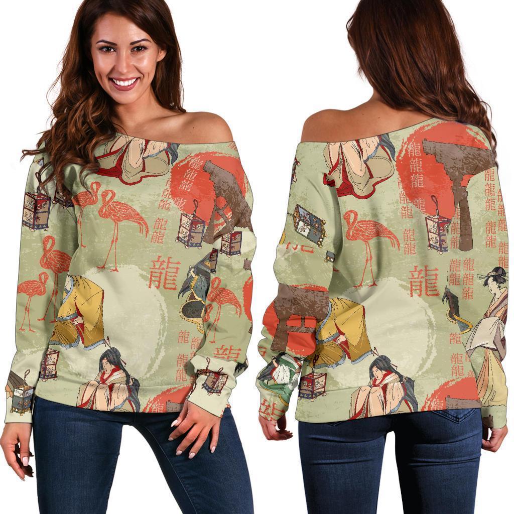 Japanese Tokyo Print Pattern Women Off Shoulder Sweatshirt-grizzshop