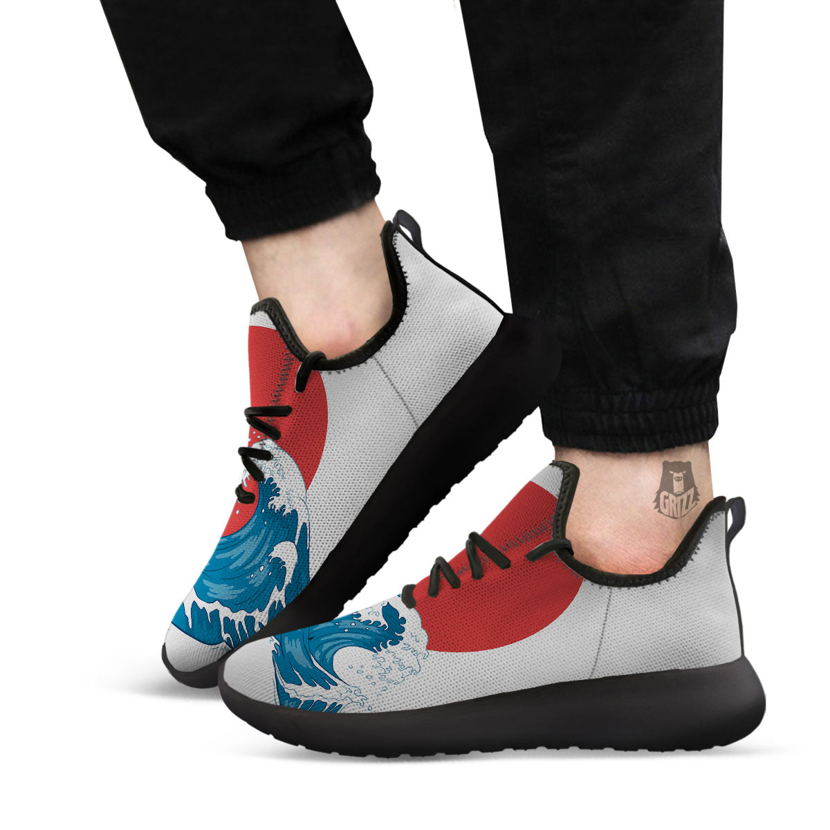Japanese Wave And Vitage Sea Print Black Athletic Shoes-grizzshop