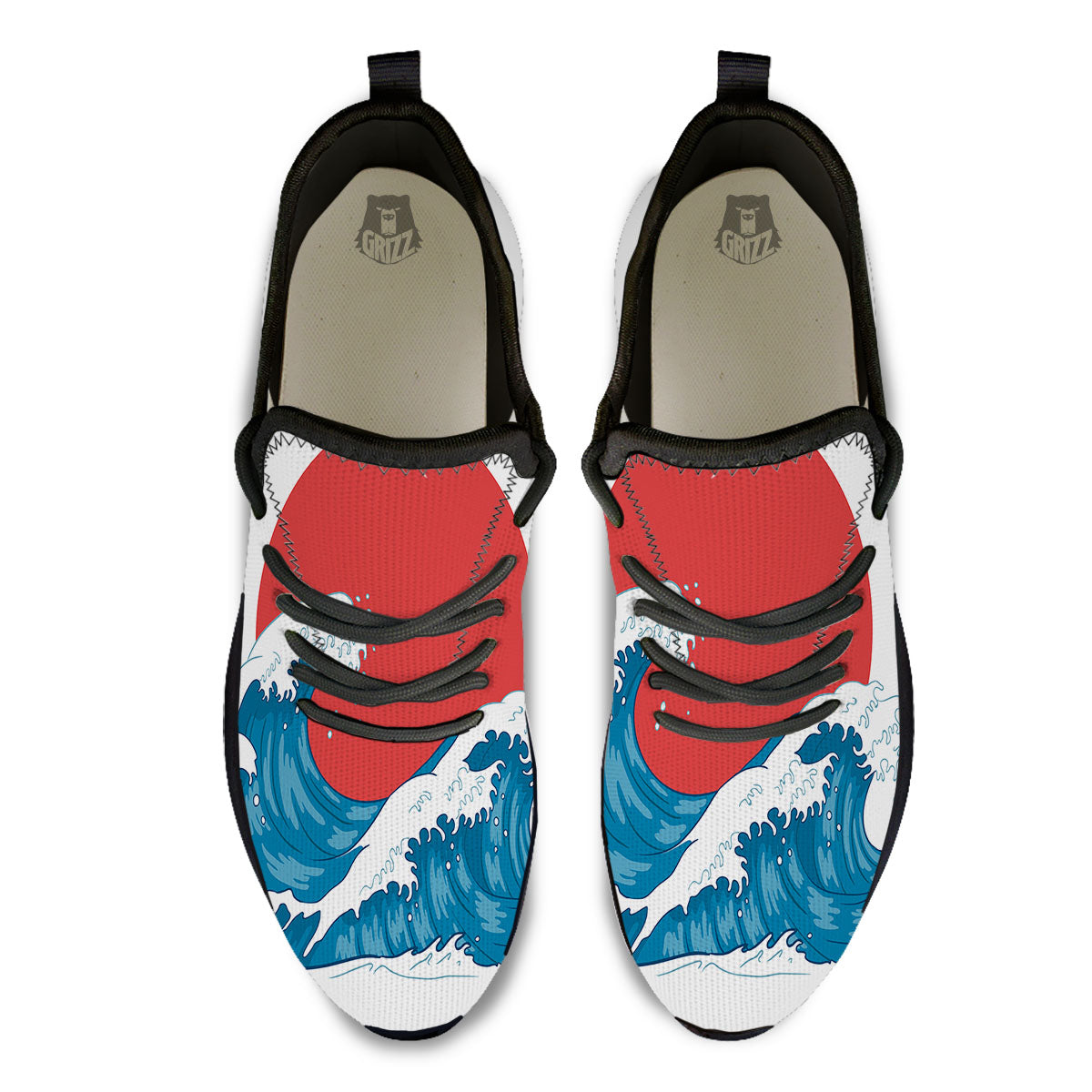 Japanese Wave And Vitage Sea Print Black Athletic Shoes-grizzshop