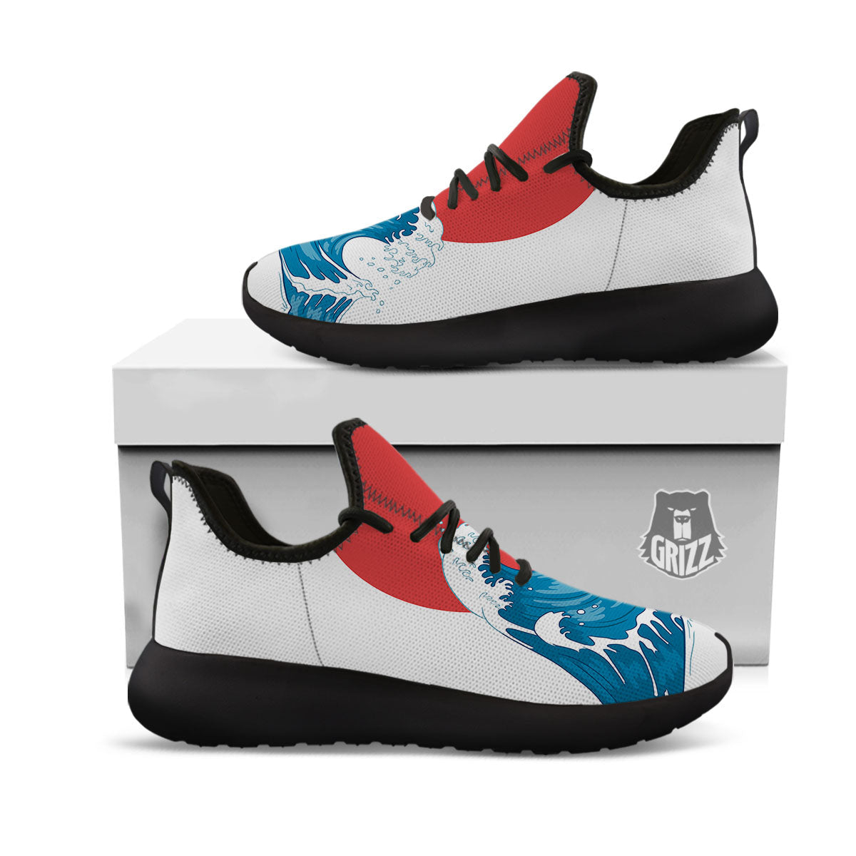 Japanese Wave And Vitage Sea Print Black Athletic Shoes-grizzshop