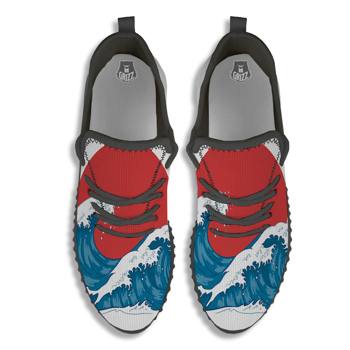 Japanese Wave And Vitage Sea Print Black Walking Shoes-grizzshop