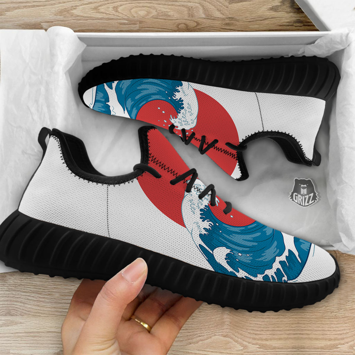Japanese Wave And Vitage Sea Print Black Walking Shoes-grizzshop