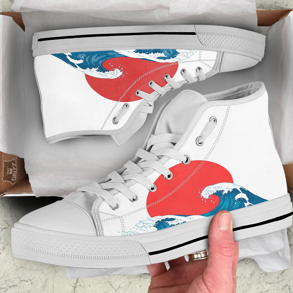 Japanese Wave And Vitage Sea Print White High Top Shoes-grizzshop