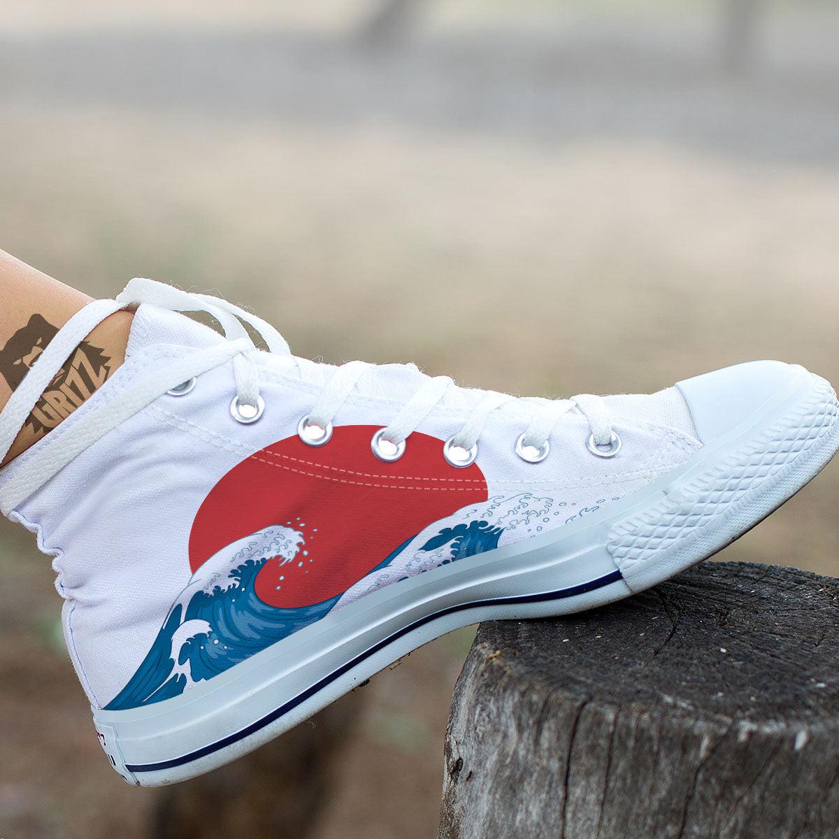 Japanese Wave And Vitage Sea Print White High Top Shoes-grizzshop