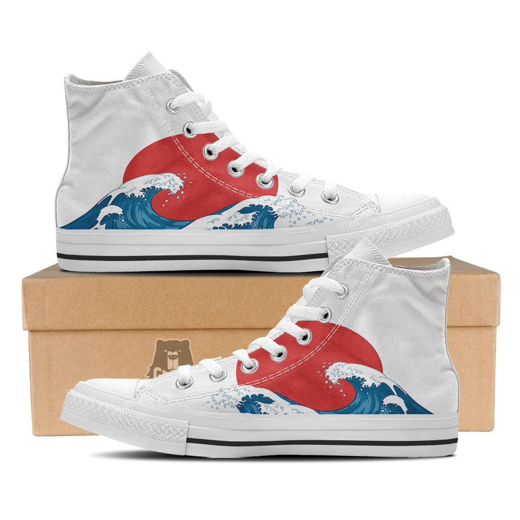 Japanese Wave And Vitage Sea Print White High Top Shoes-grizzshop