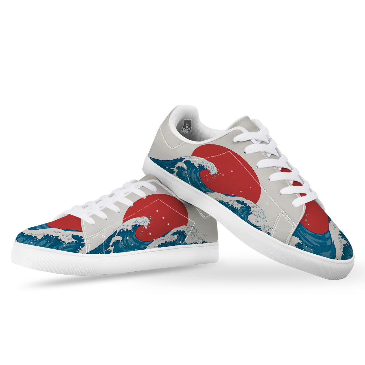 Japanese Wave And Vitage Sea Print White Low Top Sneakers-grizzshop