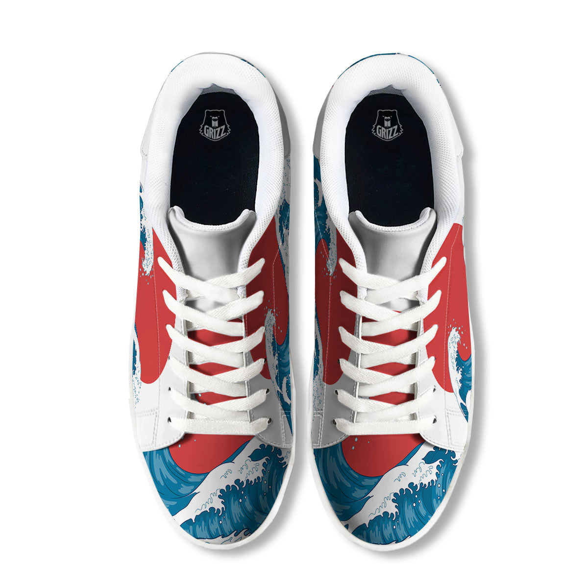 Japanese Wave And Vitage Sea Print White Low Top Sneakers-grizzshop