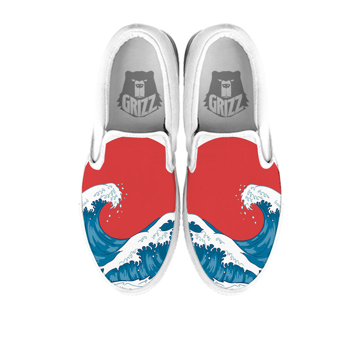 Japanese Wave And Vitage Sea Print White Slip On Shoes-grizzshop