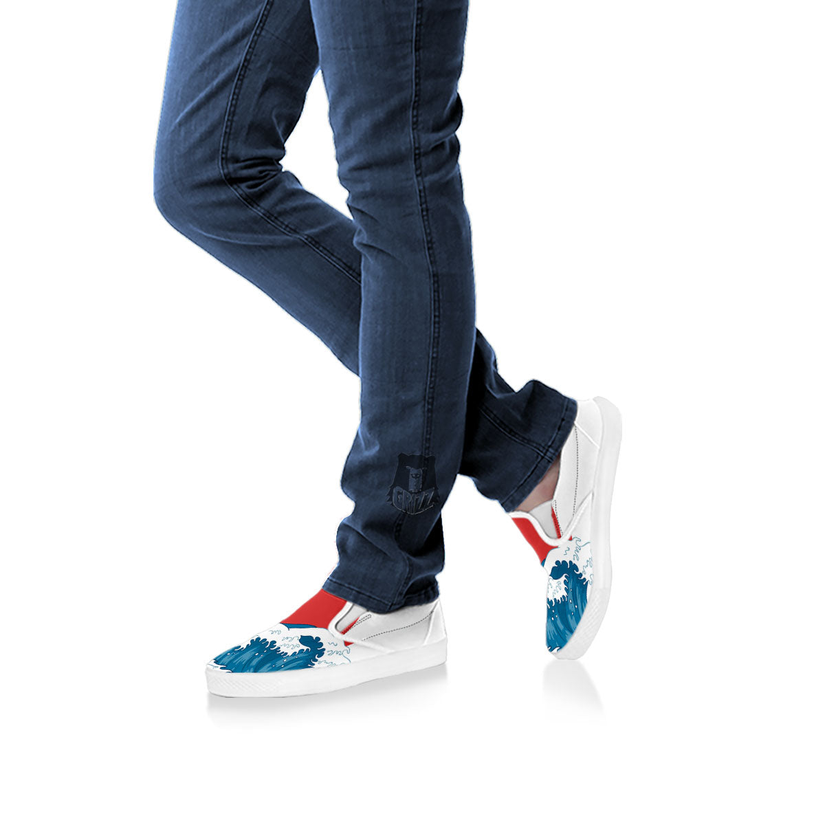 Japanese Wave And Vitage Sea Print White Slip On Shoes-grizzshop