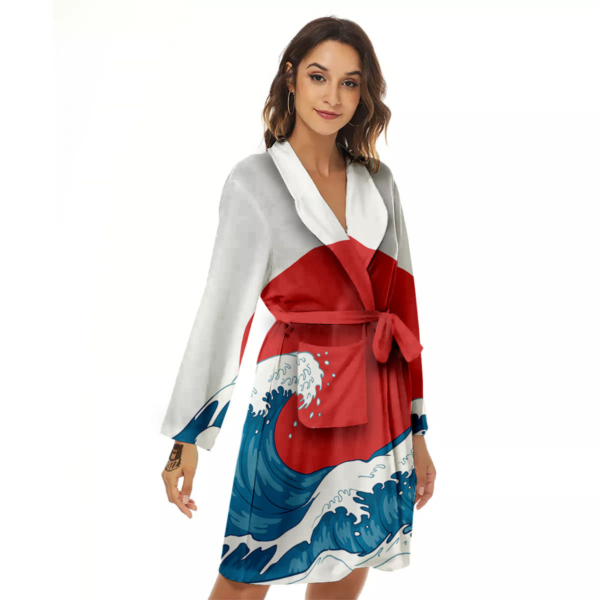 Japanese Wave And Vitage Sea Print Women's Robe-grizzshop