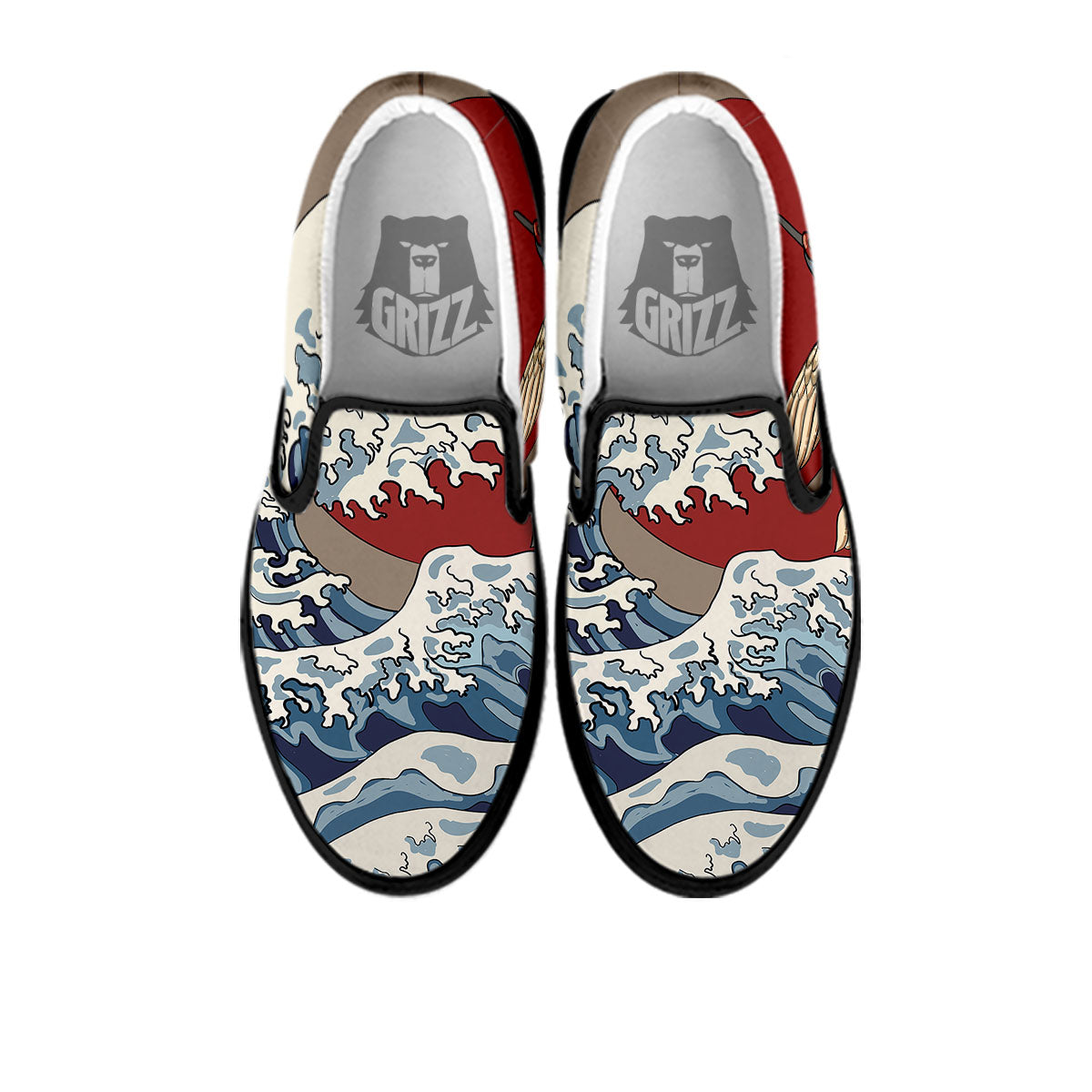 Japanese Wave Red Sun Print Black Slip On Shoes-grizzshop