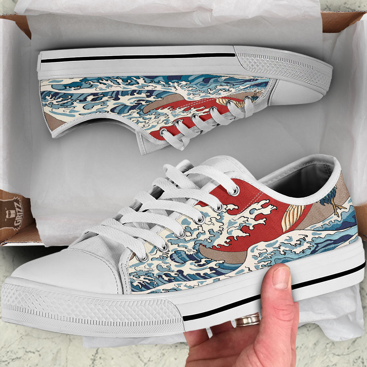 Japanese Wave Red Sun Print White Low Top Shoes-grizzshop