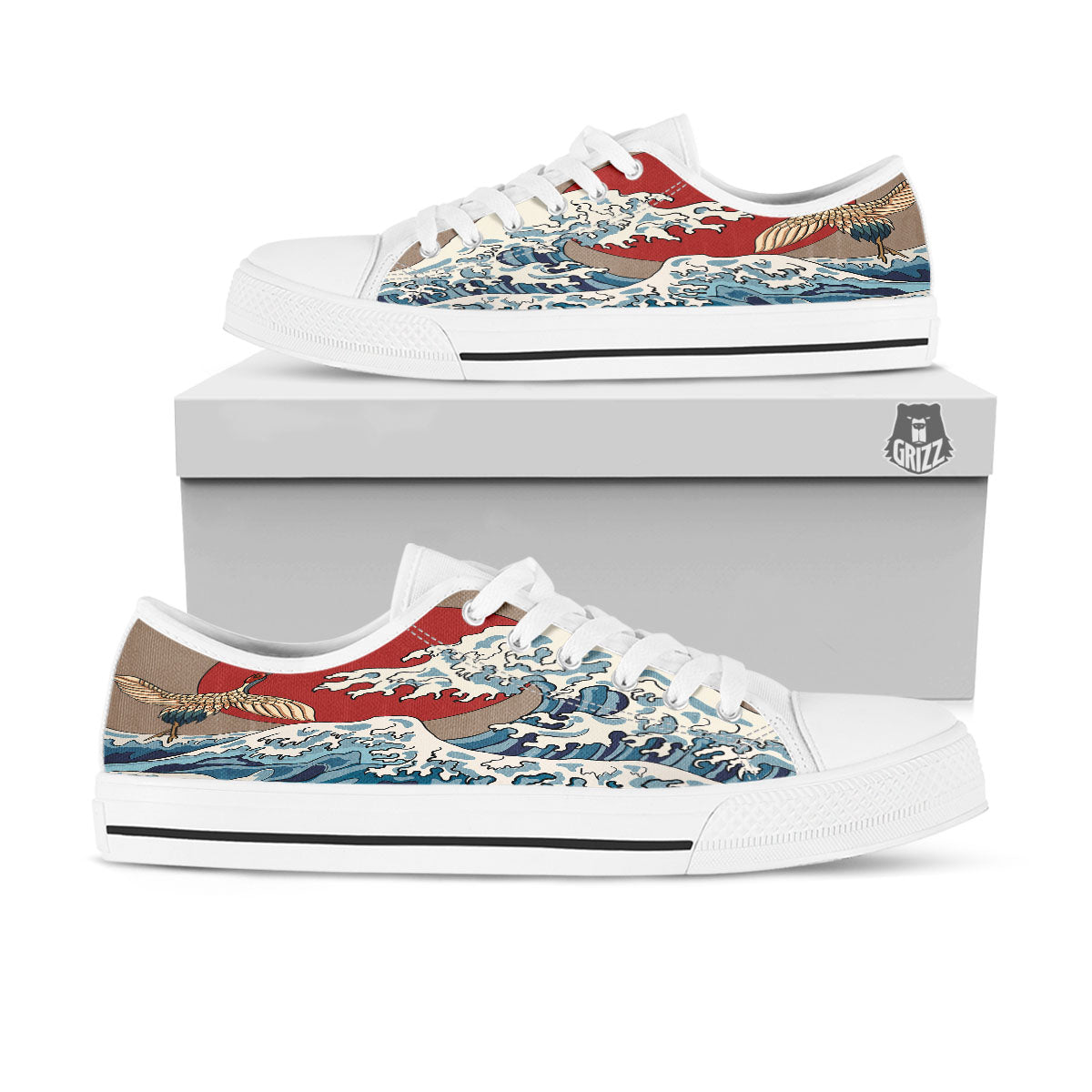Japanese Wave Red Sun Print White Low Top Shoes-grizzshop