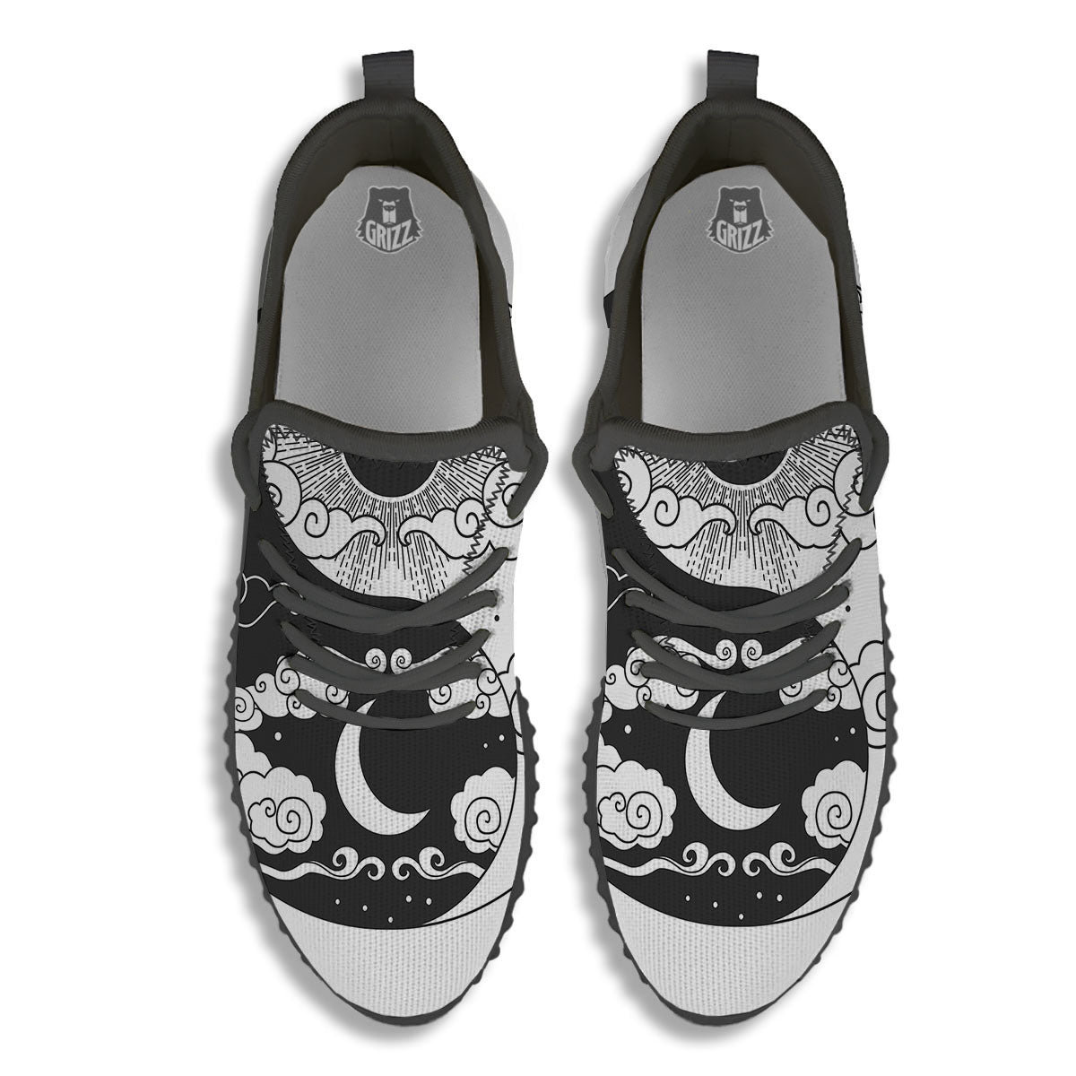 Japanese Yin Yang White And Black Print Black Walking Shoes-grizzshop