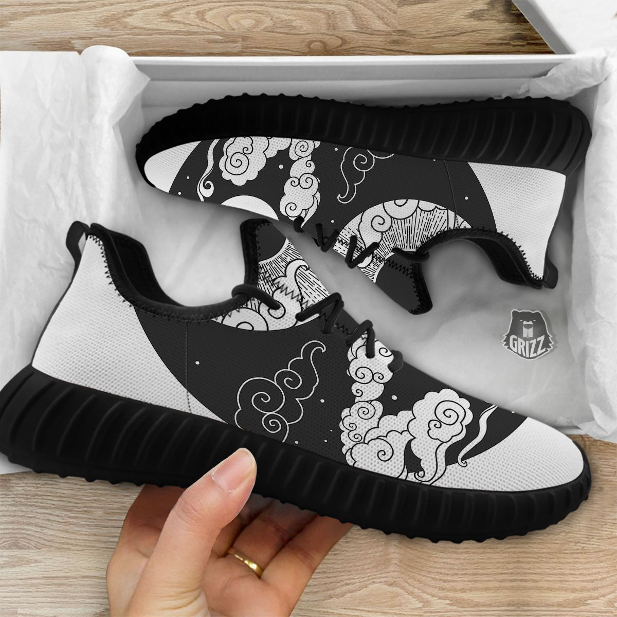 Japanese Yin Yang White And Black Print Black Walking Shoes-grizzshop