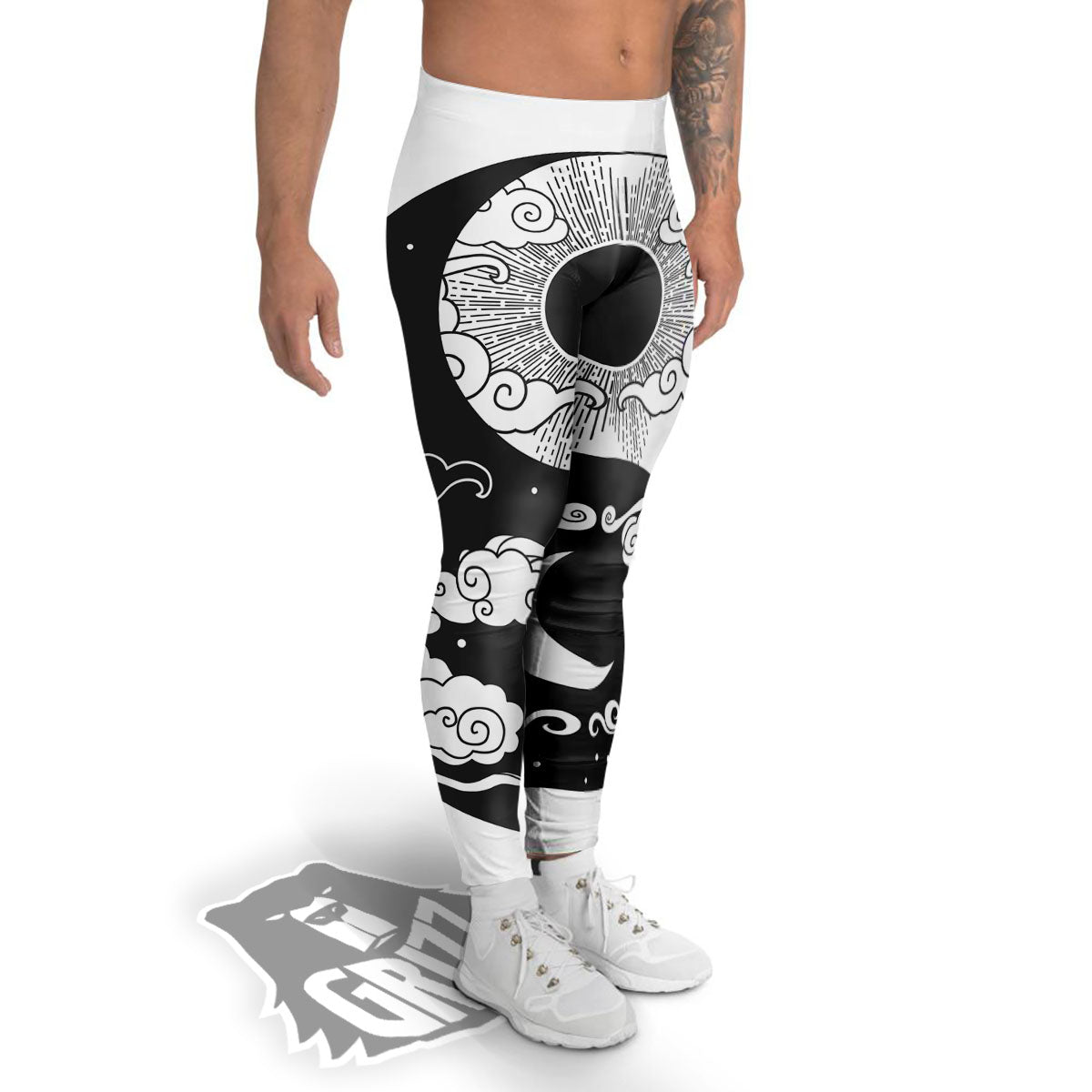 Japanese Yin Yang White And Black Print Men's Leggings-grizzshop
