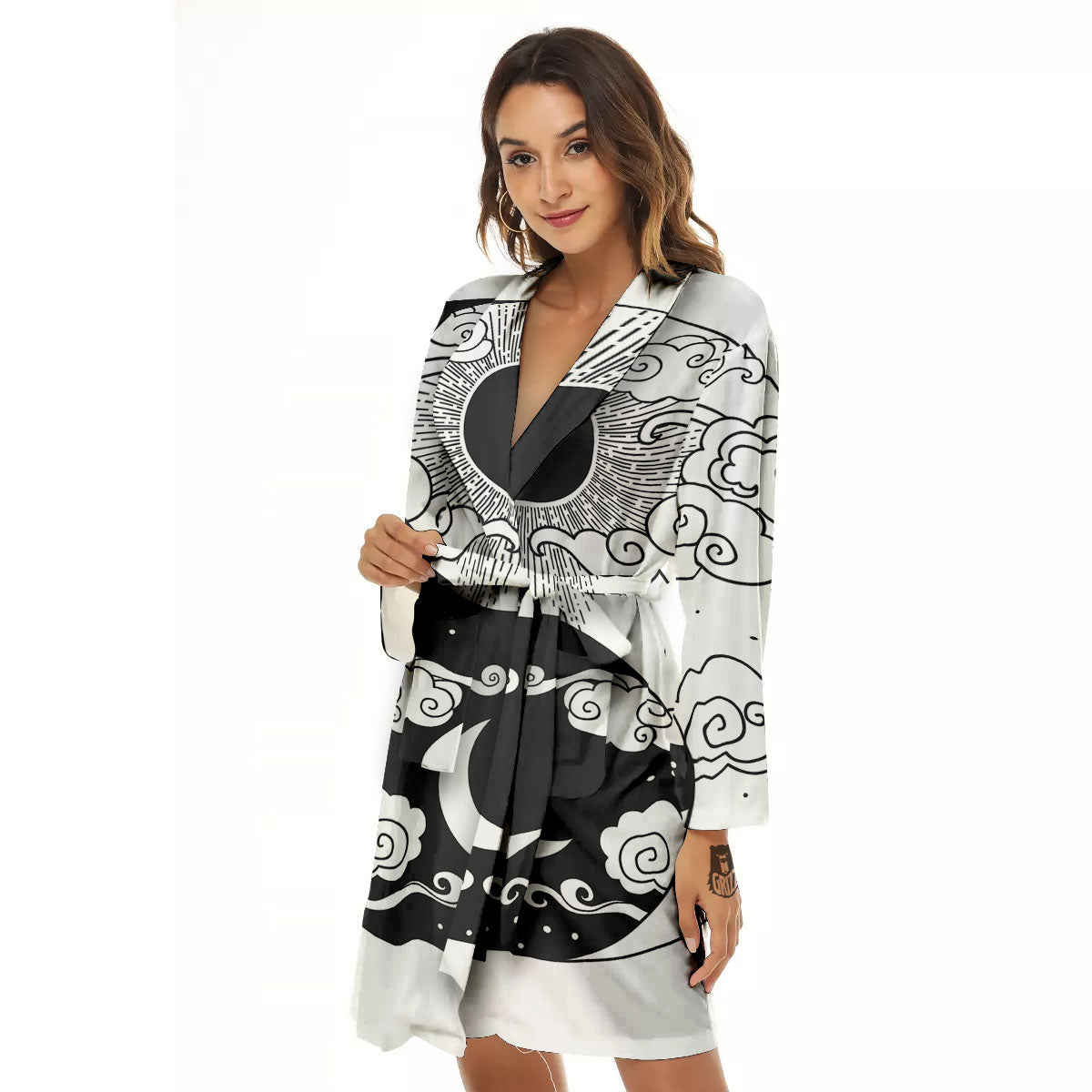 Japanese Yin Yang White And Black Print Women's Robe-grizzshop