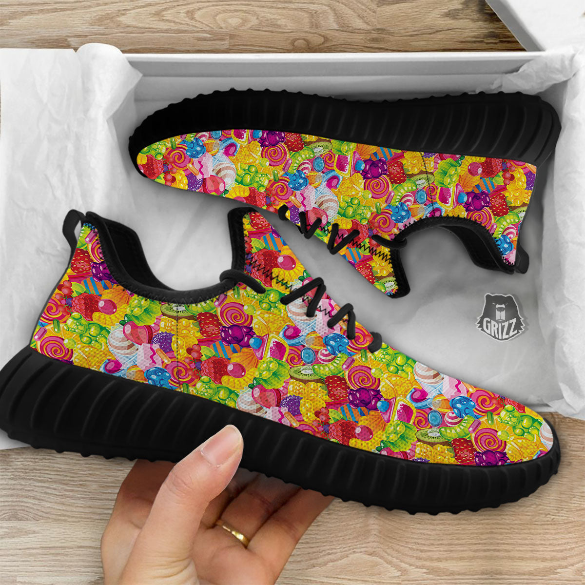 Jelly And Candy Print Pattern Black Walking Shoes-grizzshop