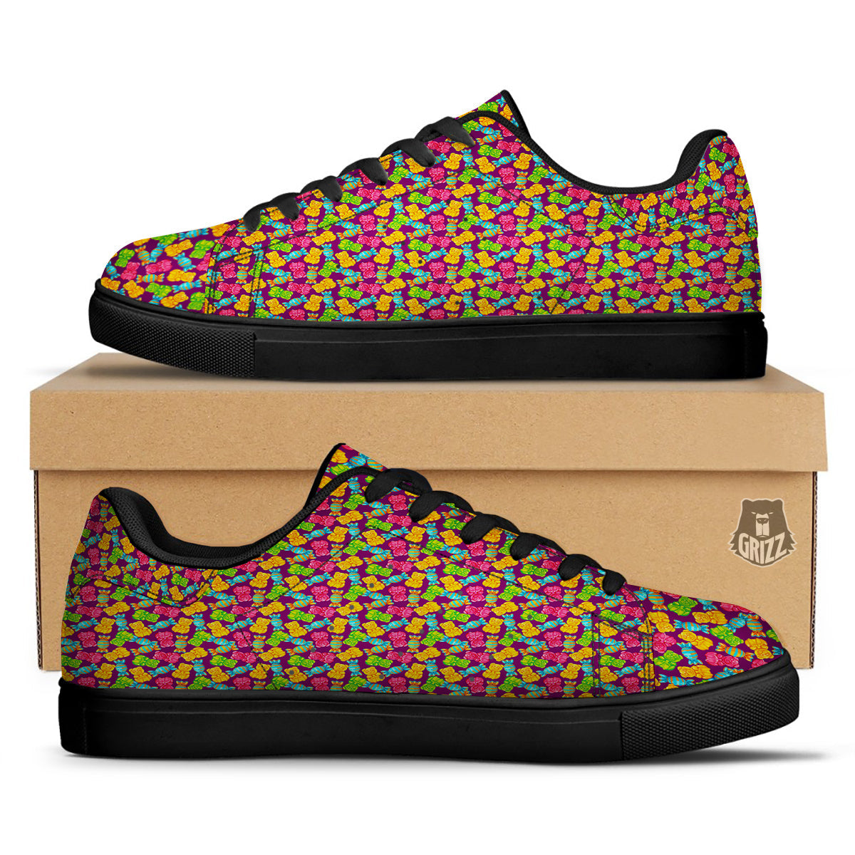 Jelly And Colorful Candy Print Black Low Top Sneakers-grizzshop