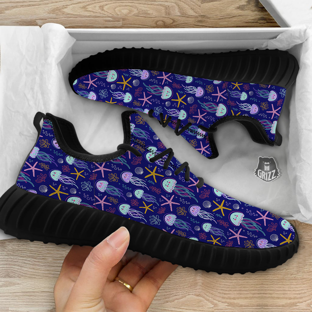 Jellyfish Cute Print Pattern Black Walking Shoes-grizzshop