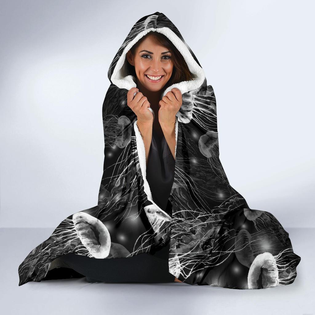 Jellyfish Pattern Print Hooded Blanket-grizzshop