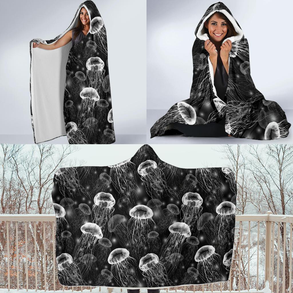 Jellyfish Pattern Print Hooded Blanket-grizzshop