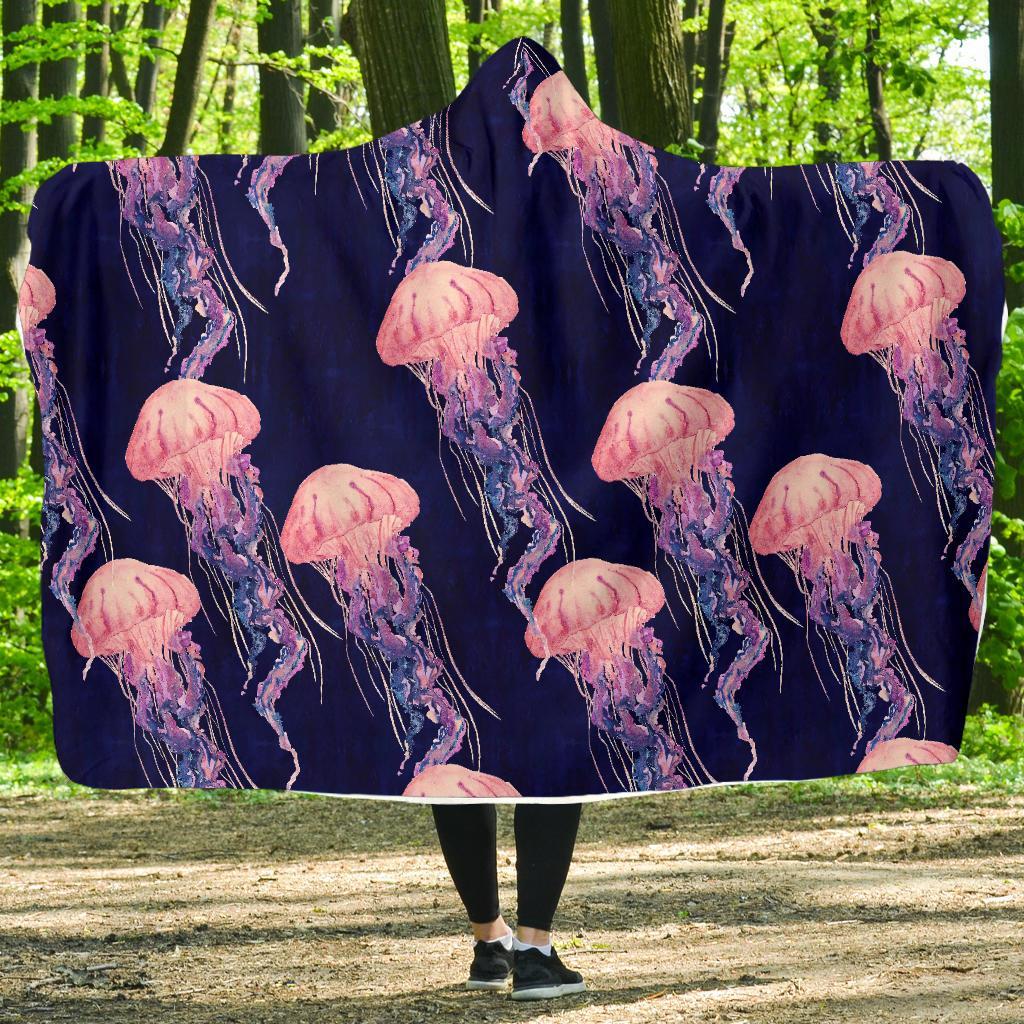 Jellyfish Print Pattern Hooded Blanket-grizzshop