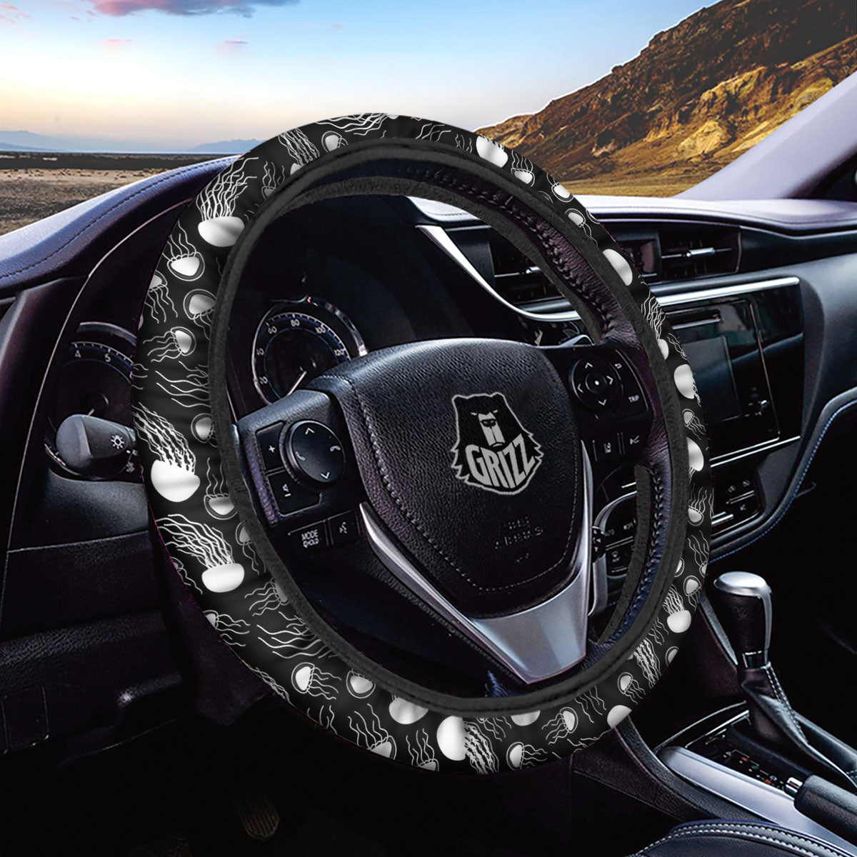 Jellyfish White And Black Print Pattern Car Steering Wheel Cover-grizzshop