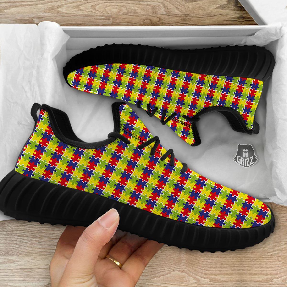 Jigsaw Autism Awareness Print Black Walking Shoes-grizzshop