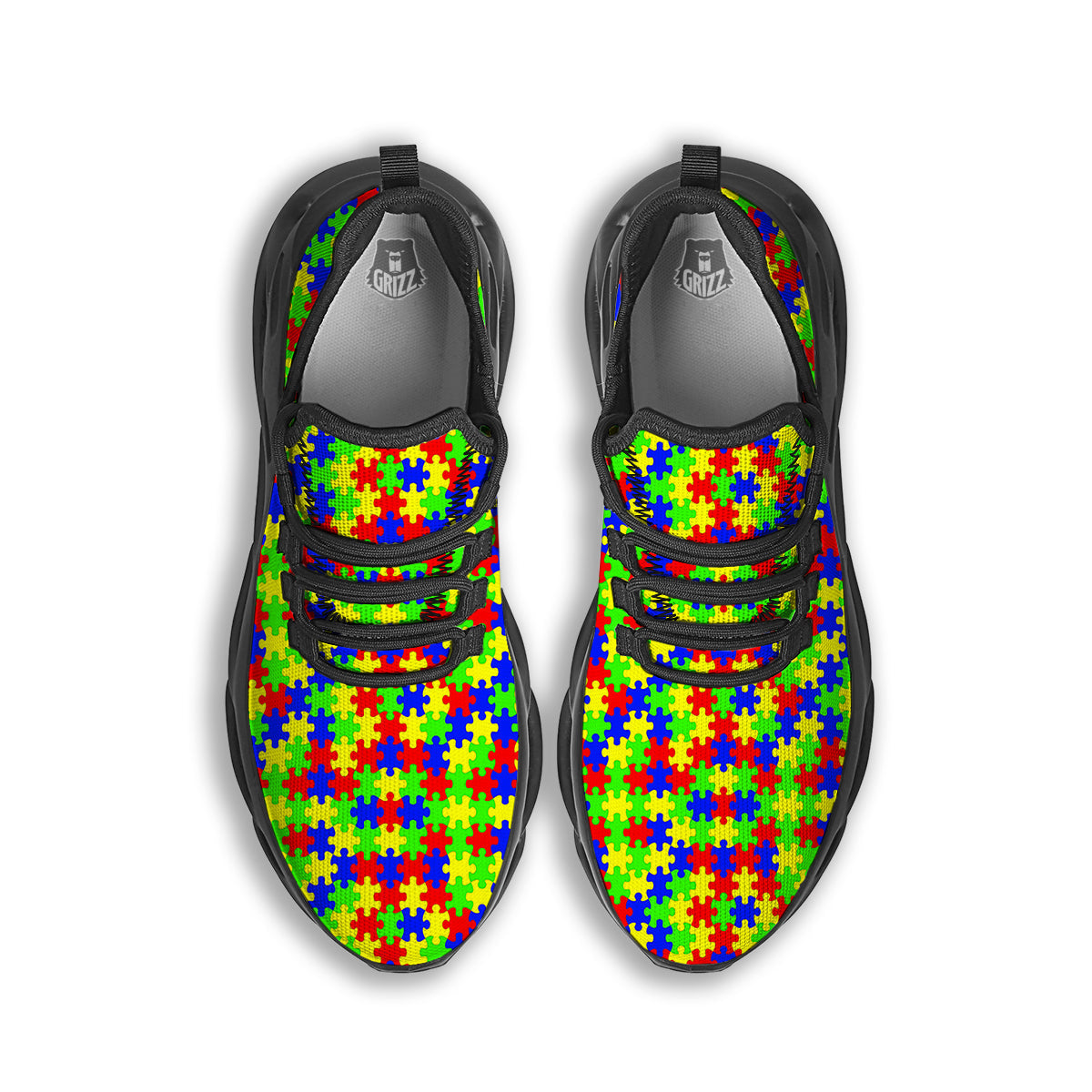 Jigsaw Autism Awareness Print Pattern Black Running Shoes-grizzshop