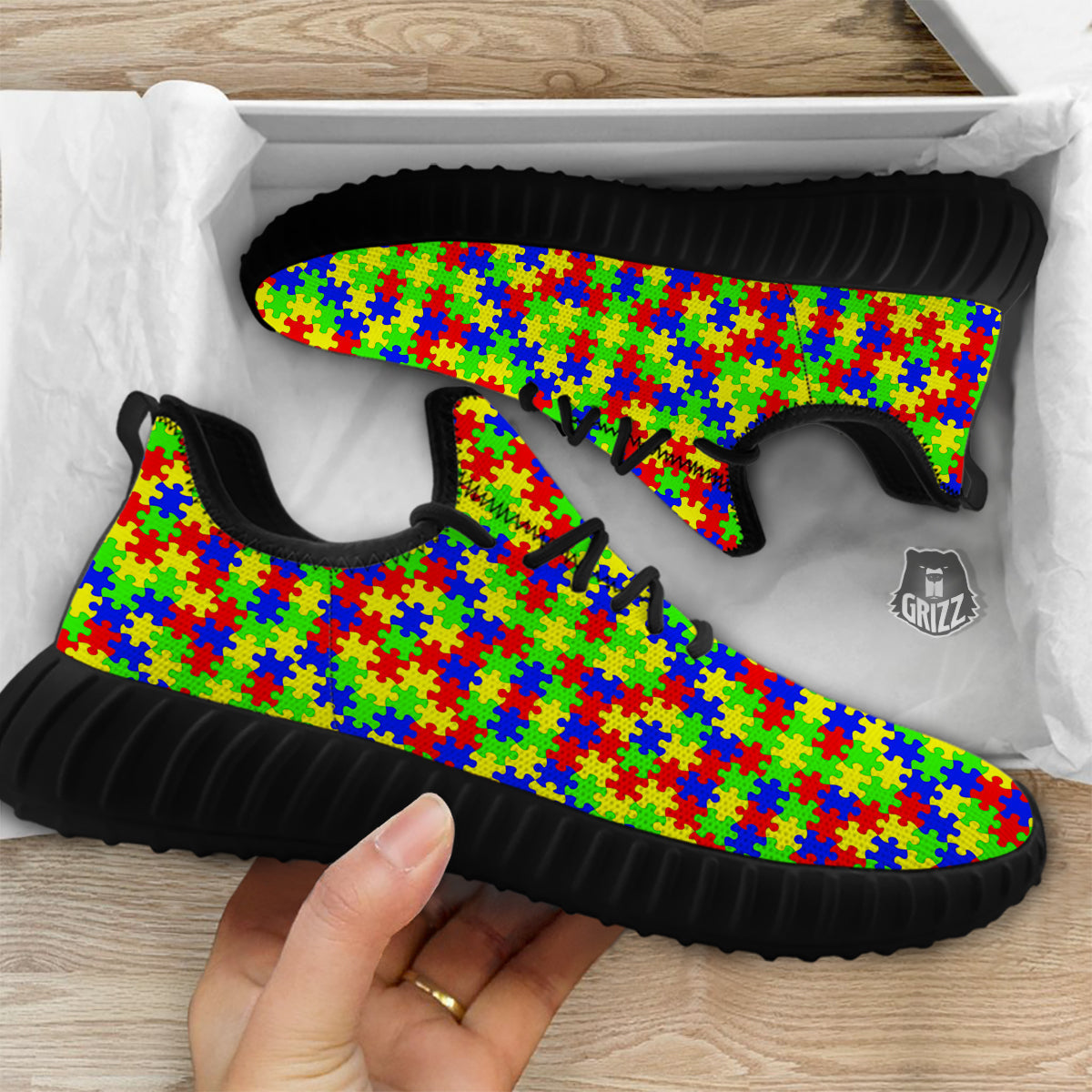 Jigsaw Autism Awareness Print Pattern Black Walking Shoes-grizzshop