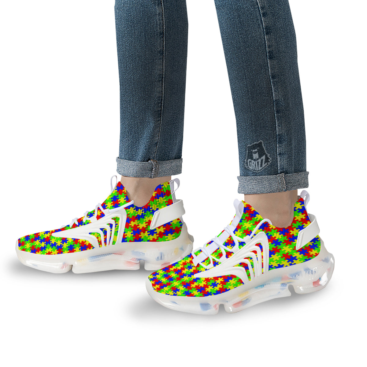 Jigsaw Autism Awareness Print Pattern White Gym Shoes-grizzshop