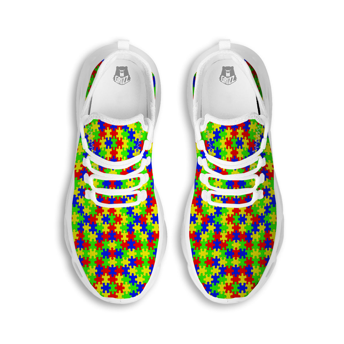 Jigsaw Autism Awareness Print Pattern White Running Shoes-grizzshop