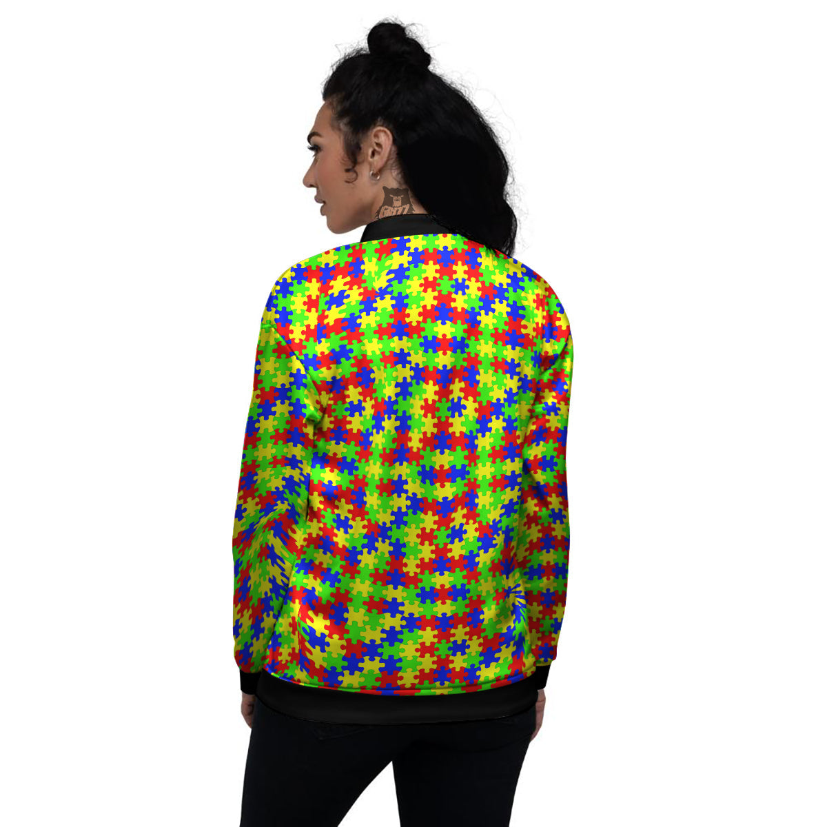 Jigsaw Autism Awareness Print Pattern Women's Bomber Jacket-grizzshop