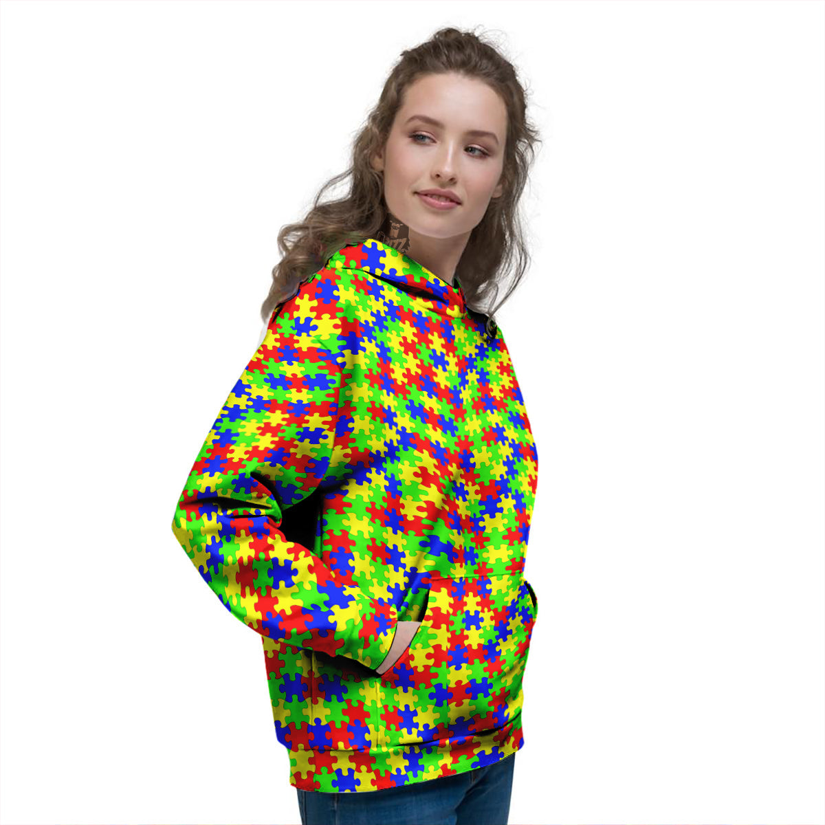 Jigsaw Autism Awareness Print Pattern Women's Hoodie-grizzshop
