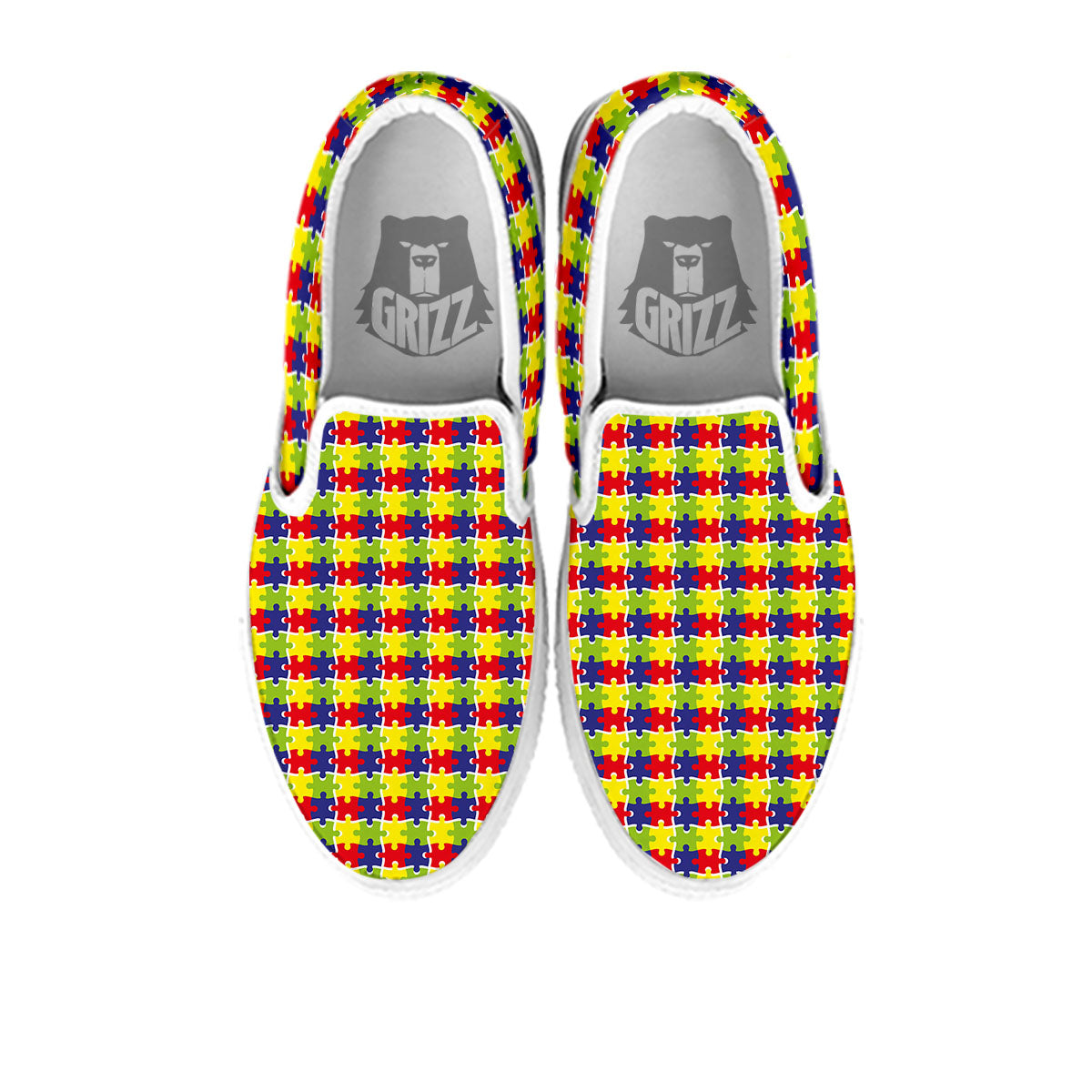 Jigsaw Autism Awareness Print White Slip On Shoes-grizzshop