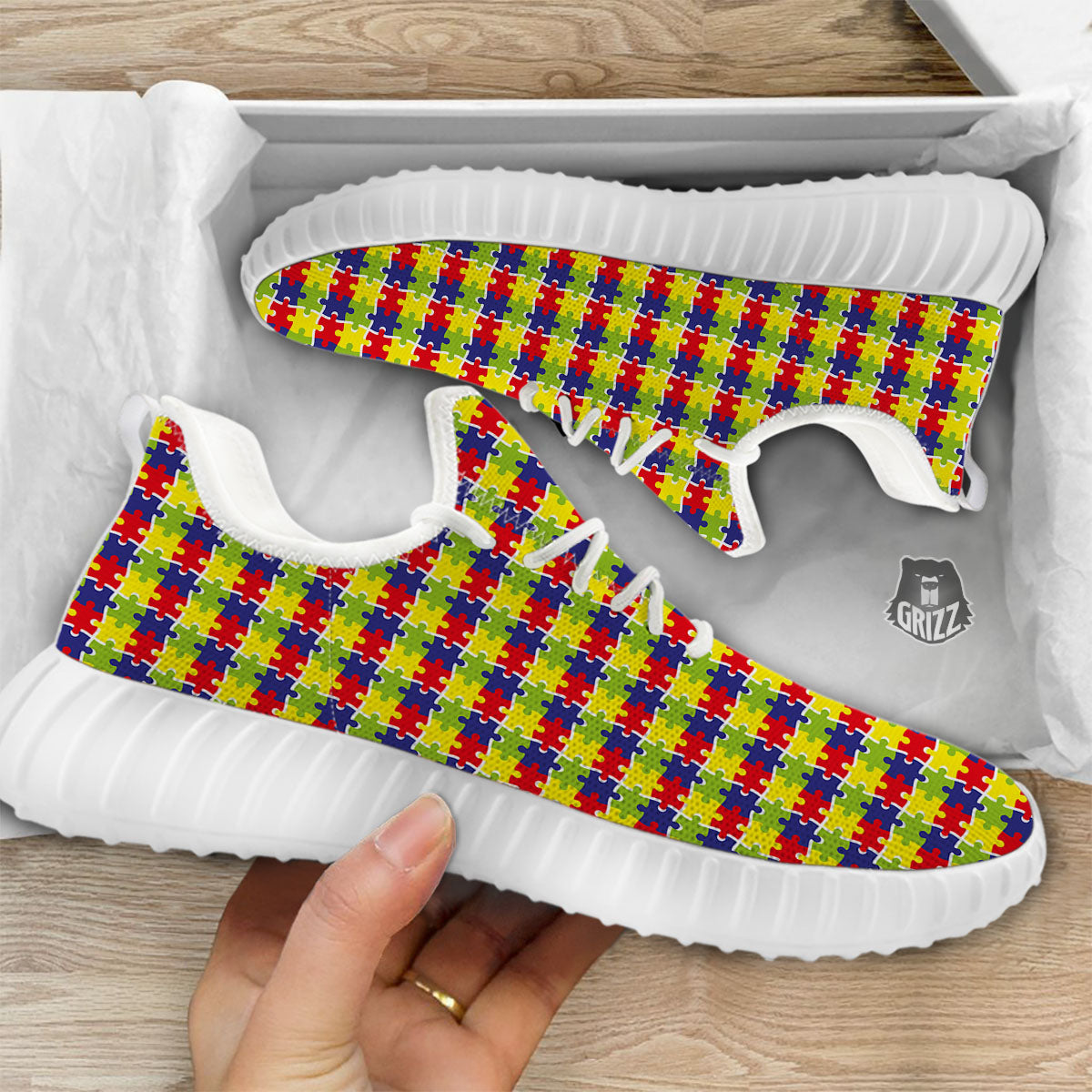 Jigsaw Autism Awareness Print White Walking Shoes-grizzshop
