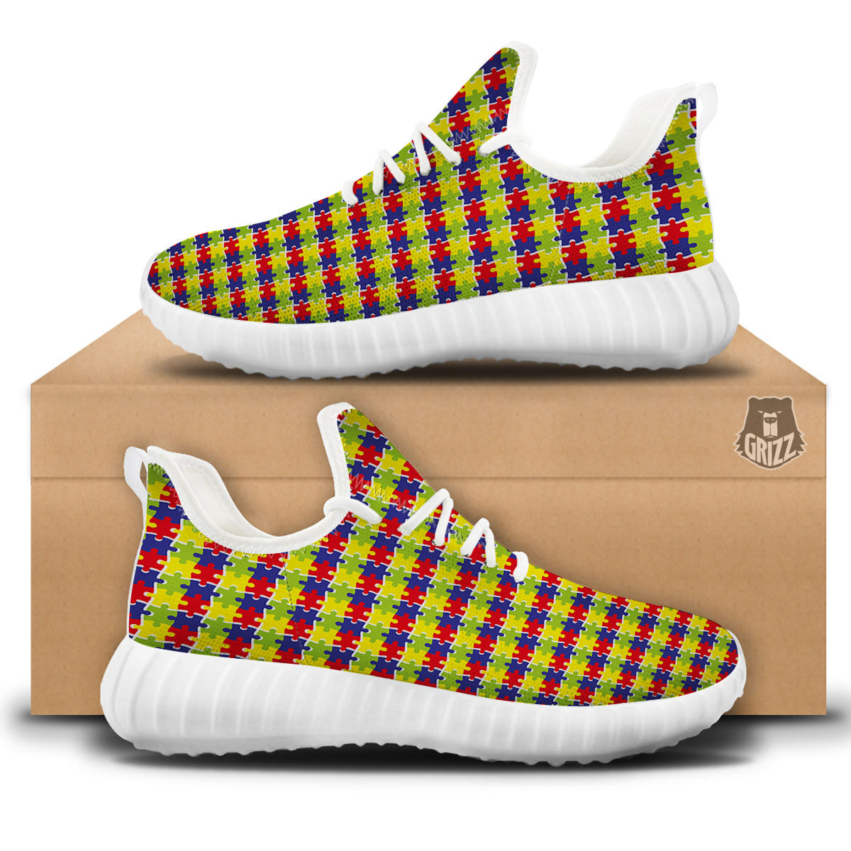 Jigsaw Autism Awareness Print White Walking Shoes-grizzshop